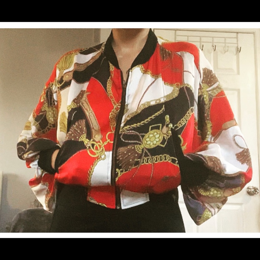 Holiday Slouchy Satin Equestrian-Print Top/Jacket